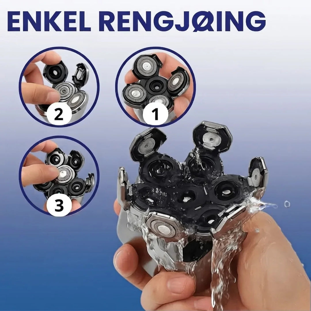 Hånd holder den ergonomiske 7D elektriske barbermaskinen. Designet for komfortabel og effektiv grooming og ansiktspleie.