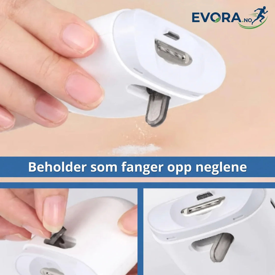 Bærbar, elektrisk negleklipper med lys; ideell for enkel og hygienisk neglepleie hjemme eller på reise.