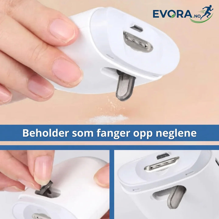 Bærbar, elektrisk negleklipper med lys; ideell for enkel og hygienisk neglepleie hjemme eller på reise.