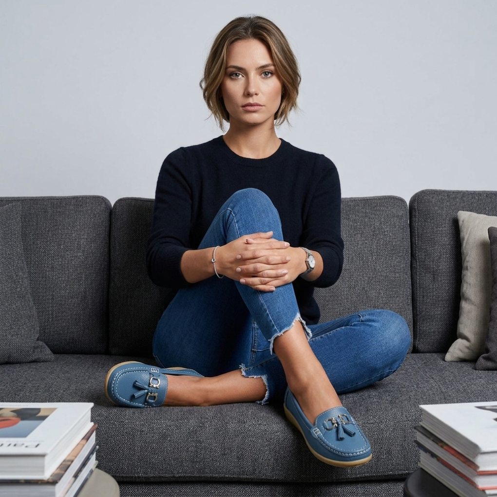Blå retro kilehæl loafers for kvinner. Komfortable damesko med elegant design, perfekt for fritid.