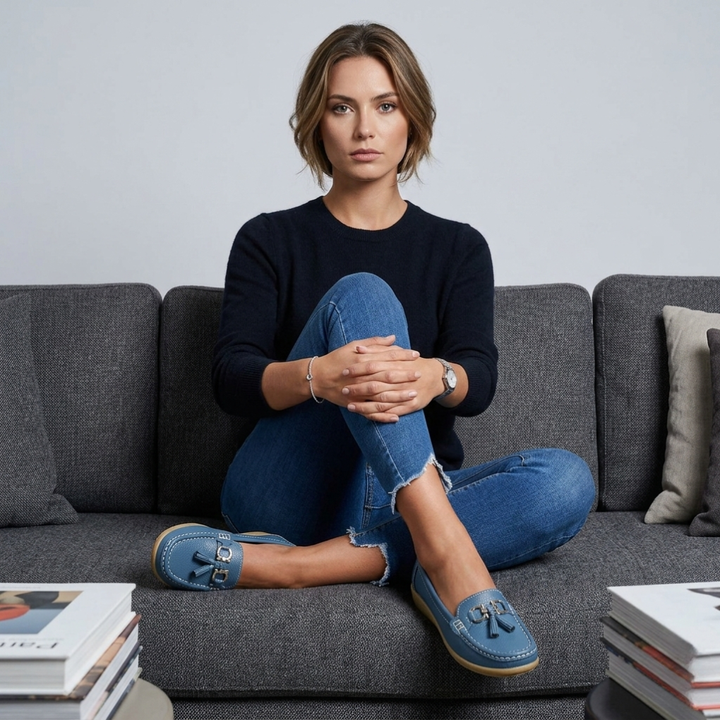 Blå retro kilehæl loafers for kvinner. Komfortable damesko med elegant design, perfekt for fritid.