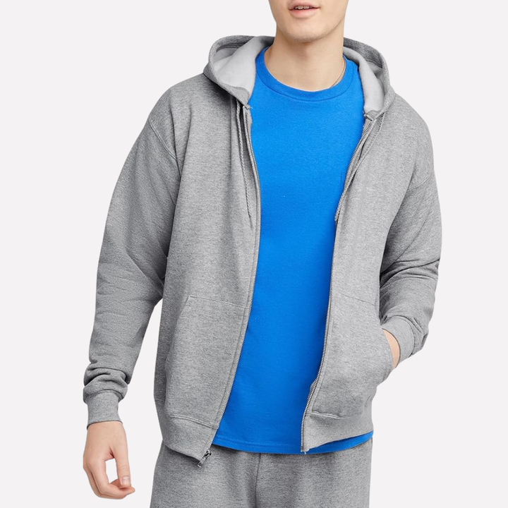 Casual herre hettegenser med glidelås, hette og lommer, perfekt for lagvis bruk.