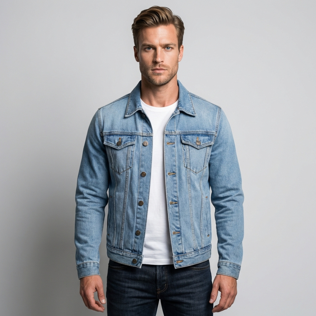 Klassisk blå menns denim truckerjakke med knappelukking for tidløs stil. Perfekt ytterplagg for vår og høst.