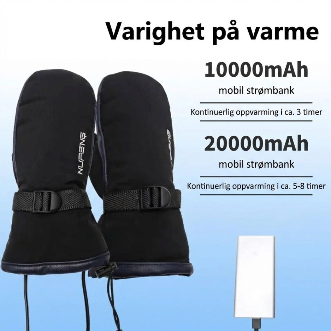 Varmehansker med USB-tilkobling for utendørsaktiviteter som ski, tur og sykling. Holder hendene varme.