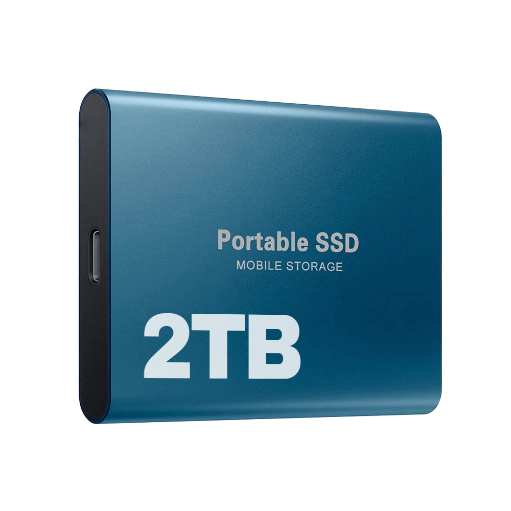 Bærbar 2 TB ekstern SSD ved siden av smarttelefon, klar for USB-C mobil lagring og rask dataoverføring.