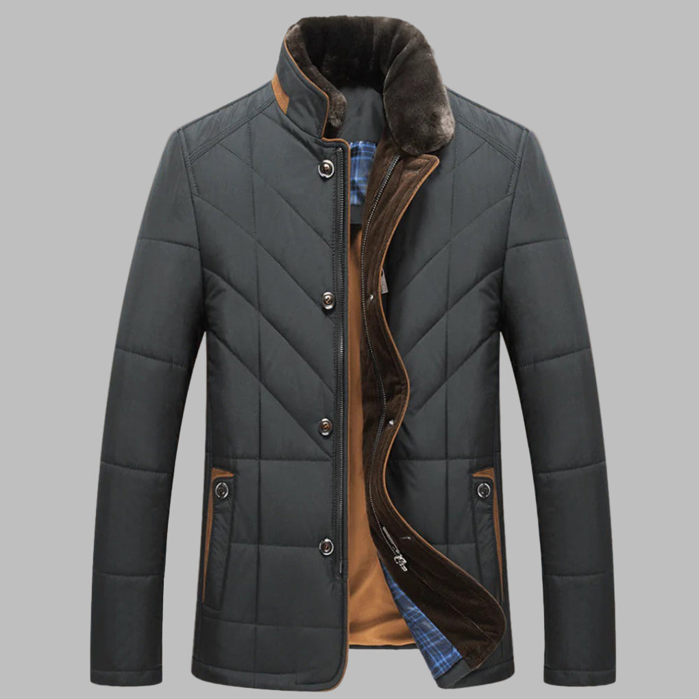 Elegant blå vinterfrakk for menn. Stilfull og varm herrejakke, ideelt isolert ytterplagg for vinter.