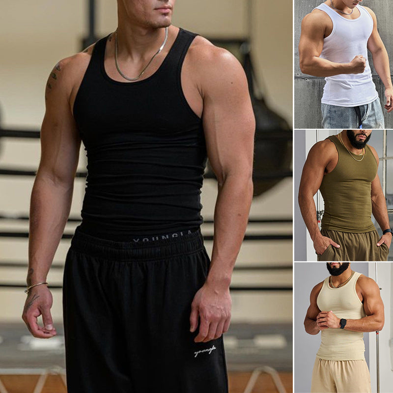 Menns ermeløs t-skjorte i bomull-spandex, ideell for trening og sport.