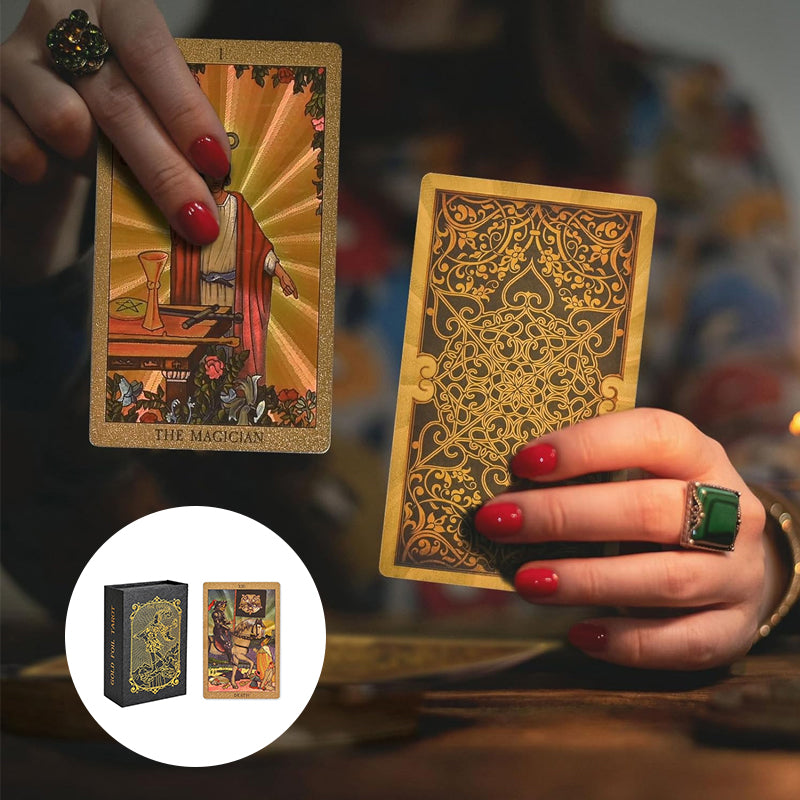 Gullfolierte tarotkort for spådom og åndelig utforskning. En unik gave.