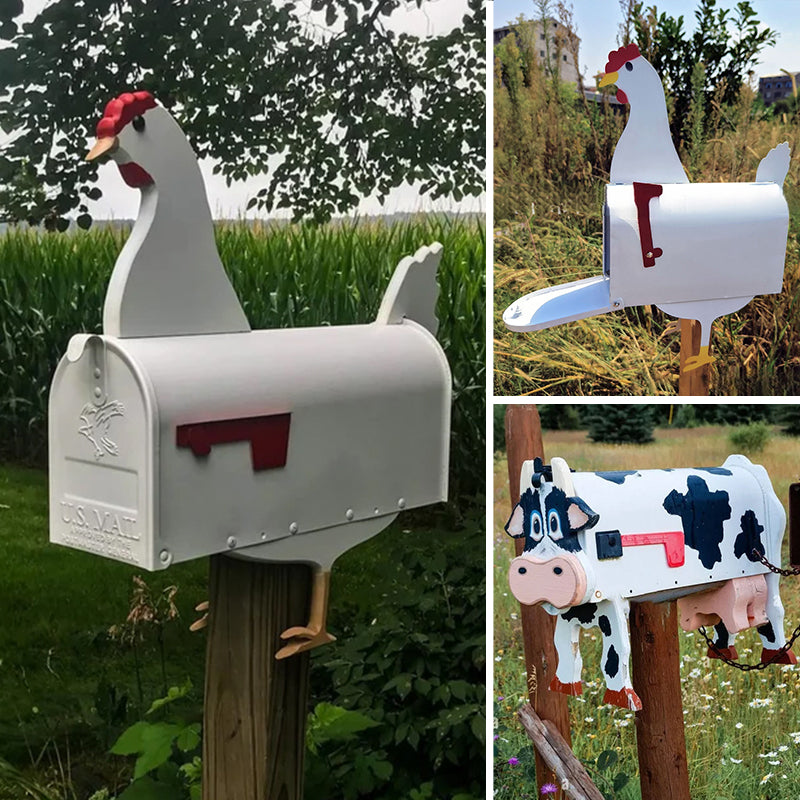Funksjonell og dekorativ utendørs postkasse. Tilgjengelig som ku eller kylling, perfekt for hage og hus.