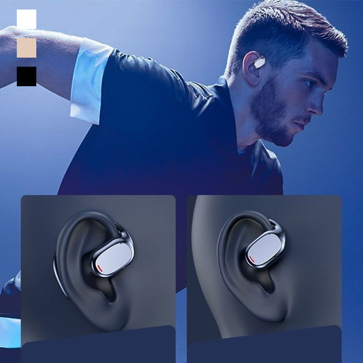 Detaljbilde av svarte unisex Bluetooth ørepropper. Viser slankt design og kvalitetsutførelse.