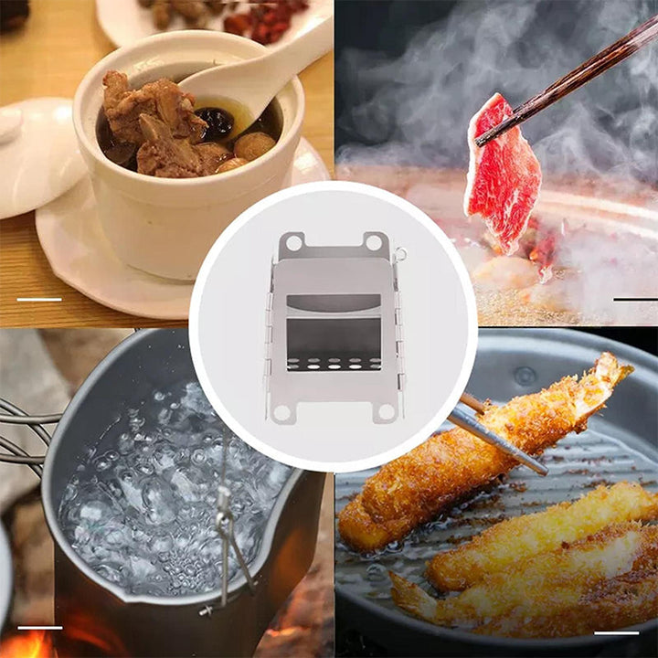 Pakket bærbart grillsett i rustfritt stål, viser kompakt design for reise og campingutstyr.