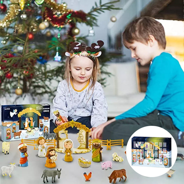 Barnas julekrybbesett adventskalender med 24 luker, fylt med harpiksfigurer for lek og dekorasjon.