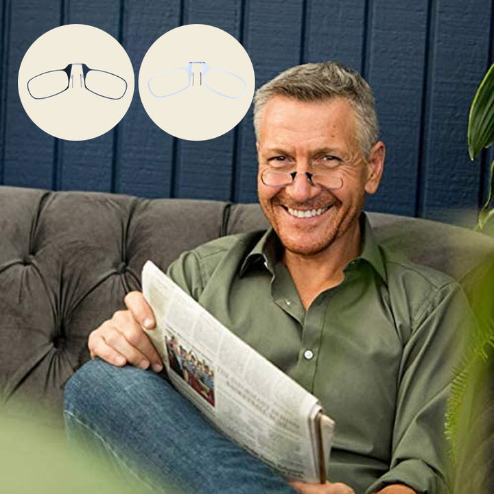 Bærbare lesebriller med neseklemme for enkel lesehjelp på farten. Komfortable og uten stenger.