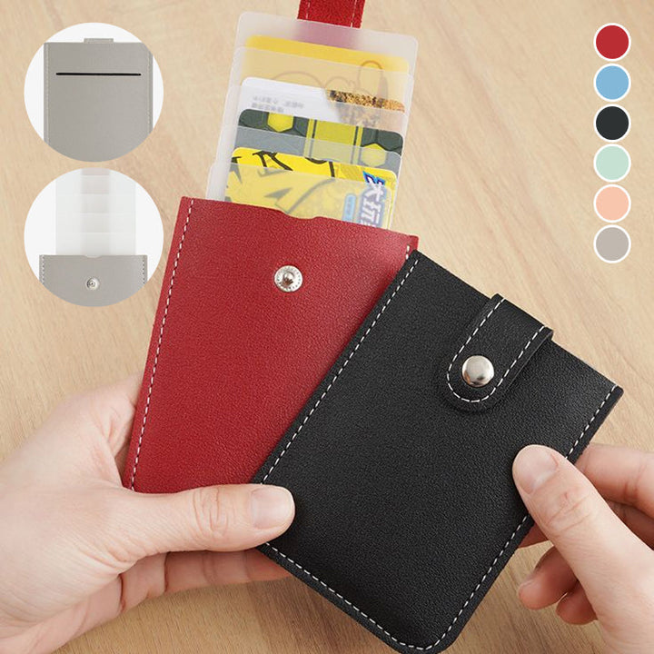 Elegant uttrekkbar kortholder i PU-skinn for smart og slank oppbevaring av kort og kontanter.