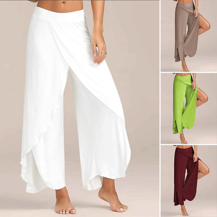 Allsidig damebukse: Brede ben, komfortabelt kryssdesign, perfekt for yoga, hjemme eller ute.
