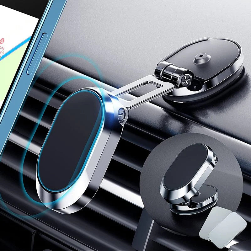 Universell magnetisk telefonfeste utfoldet, holder smarttelefon sikkert i bil.