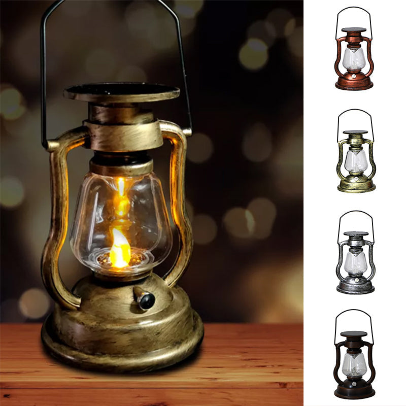 Nærbilde av retro solcellelampe LED flammeeffekt. Realistisk og varmt utendørslys.