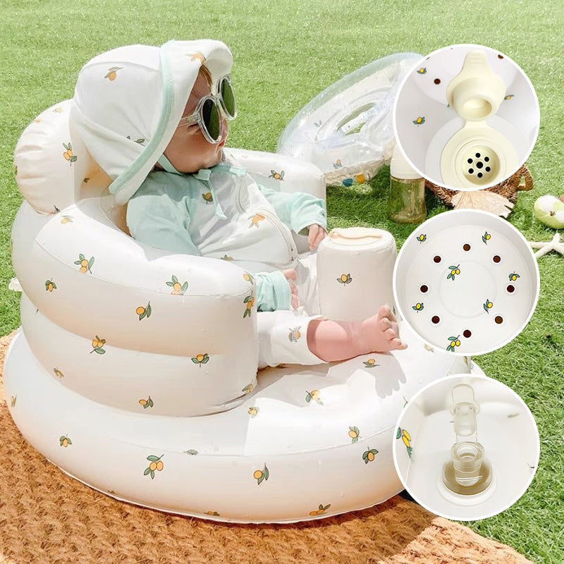 Babyutstyr: Sammenbrettet oppblåsbar babysofa, viser dens bærbare design for reise.