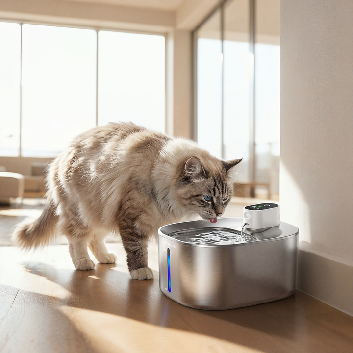 Katt drikker fra elegant automatisk drikkefontene i rustfritt stål. Optimal hydrering til din katt.
