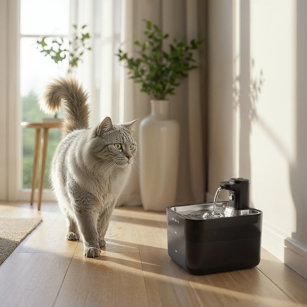 Elegant trådløs drikkefontene til katt. Enkel plassering, stille drift for friskt vann til kjæledyr.