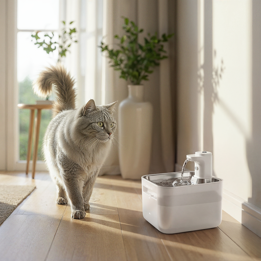 Friskt, rent vann fremmer kattens helse. Stille trådløs vannfontene for optimal hydrering.