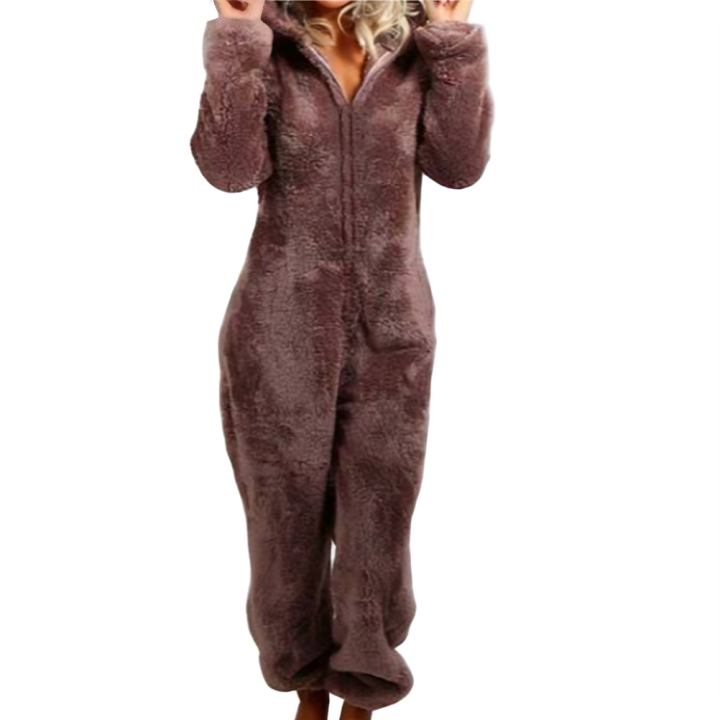 Avslappende dame heldress, en koselig og varm one-piece. Ideell som pysjamas eller hjemmeklær for innekos.