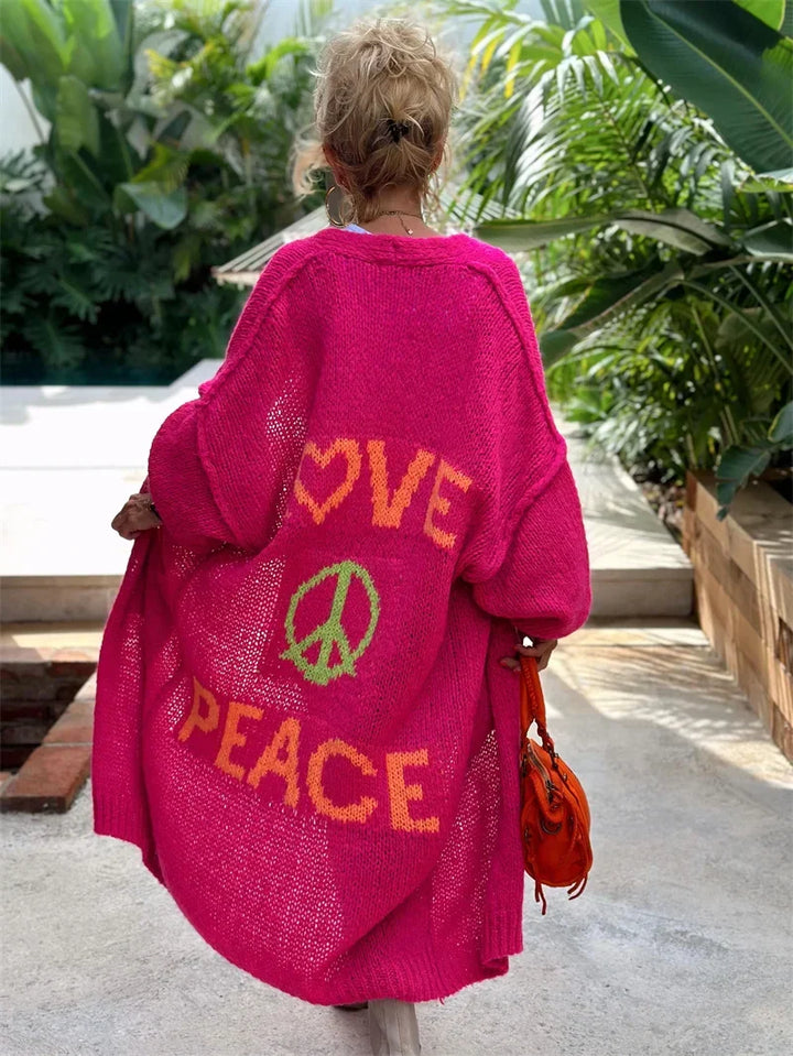 Moteinspirert damecardigan. Casual "Love & Peace" genser, komfortabel og oversized for en avslappet stil.