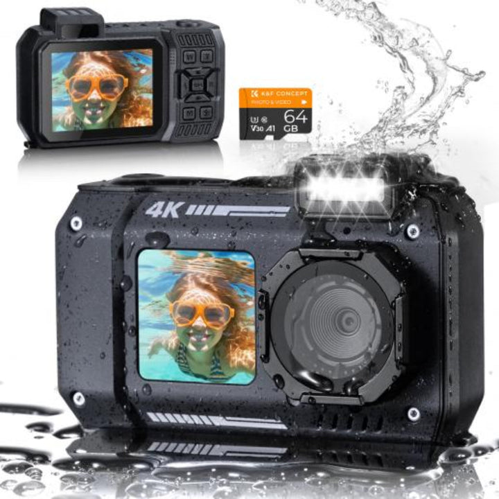 Svart/oransje vanntett digitalkamera for eventyr. Robust undervannskamera med 4K video, 48MP og dobbeltskjerm.