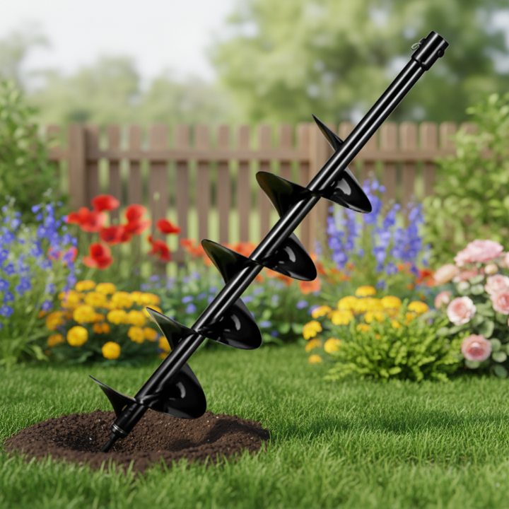 Gartner bruker hageskrue med boremaskin for enkel hulltaking og planting av blomsterløk i jord.