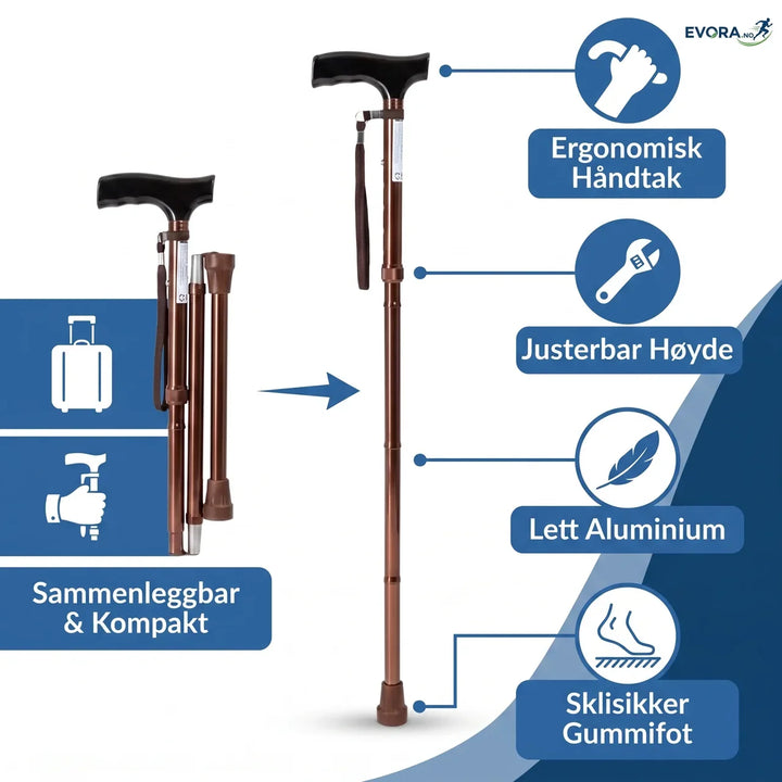 Sammenfoldet aluminiumsgåstokk, kompakt for transport og oppbevaring, et praktisk mobilitetshjelpemiddel.