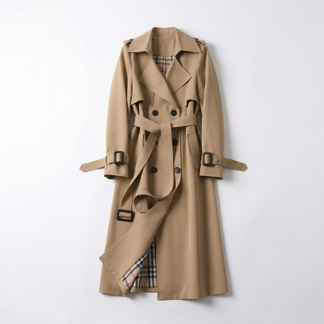 Beige klassisk trenchcoat for kvinner. Allsidig yttertøy, elegant og moteriktig vårjakke/høstjakke.