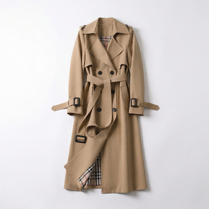 Beige klassisk trenchcoat for kvinner. Allsidig yttertøy, elegant og moteriktig vårjakke/høstjakke.