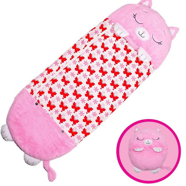Søt dyresovepose til barn, myk fleece og varm fyll. Sammenleggbar og lett å ta med.