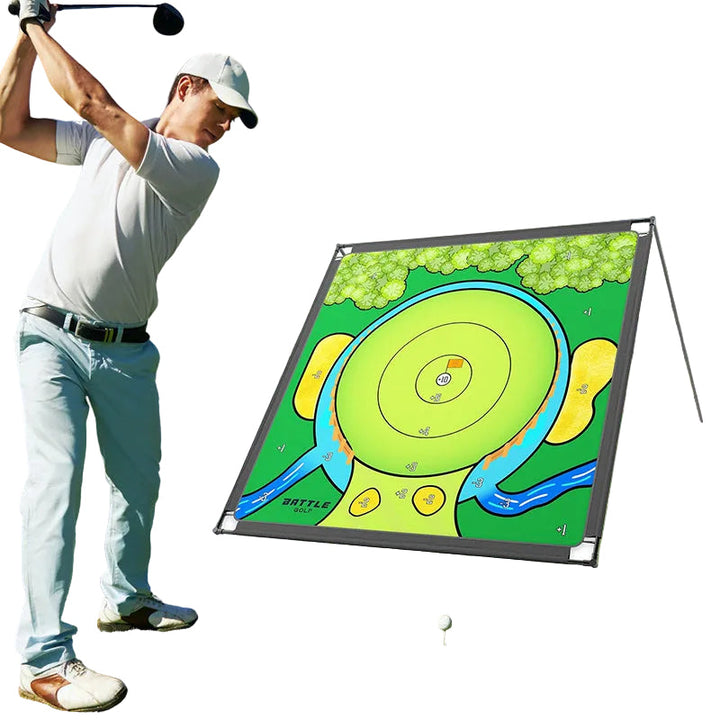 Golftreningsarena for hjemmebruk med solid nett og slagmatte, perfekt for innendørs golføvelser.