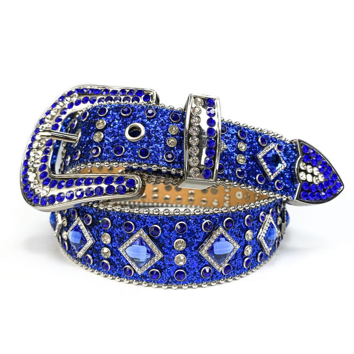 Stilig festbelte med rhinestones og bling, et unisex tilbehør i skinnimitasjon.