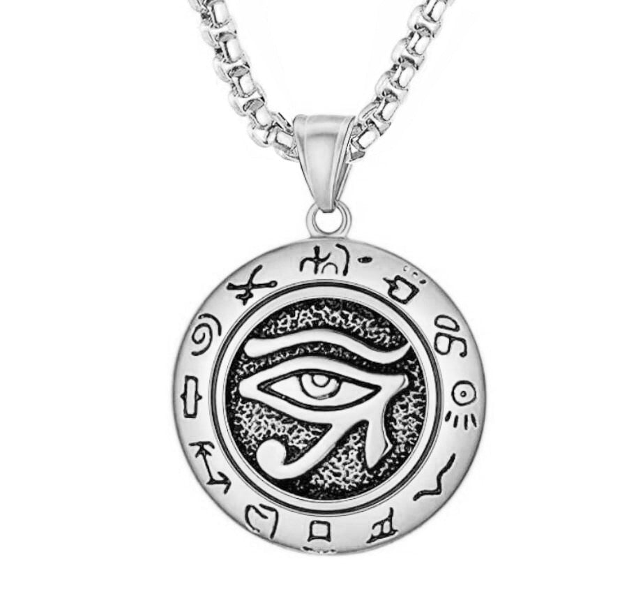 Horus øye anheng i rustfritt stål, symbol for beskyttelse og visdom. Elegant egyptisk smykke.
