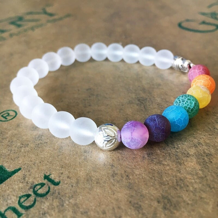 Nærbilde av 7 Chakra armbånd for kvinner, med polerte energikrystaller og detaljert elefantperle.