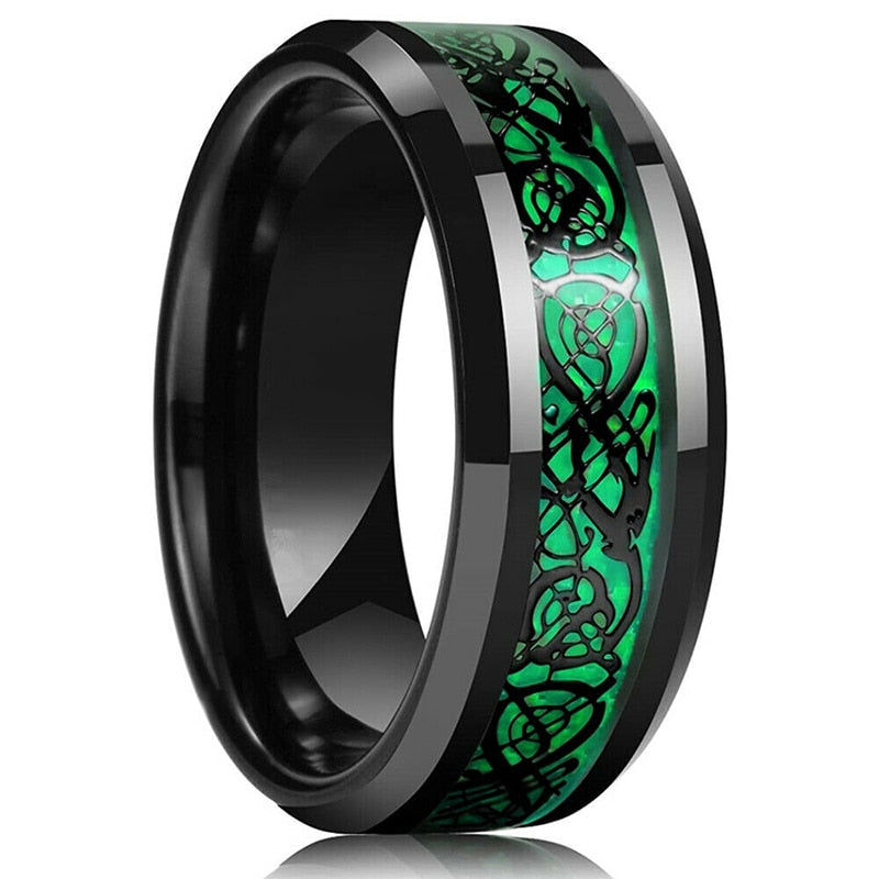 Menns moderne ring: Keltisk drage, wolframkarbid, og svart karbonfiber design.