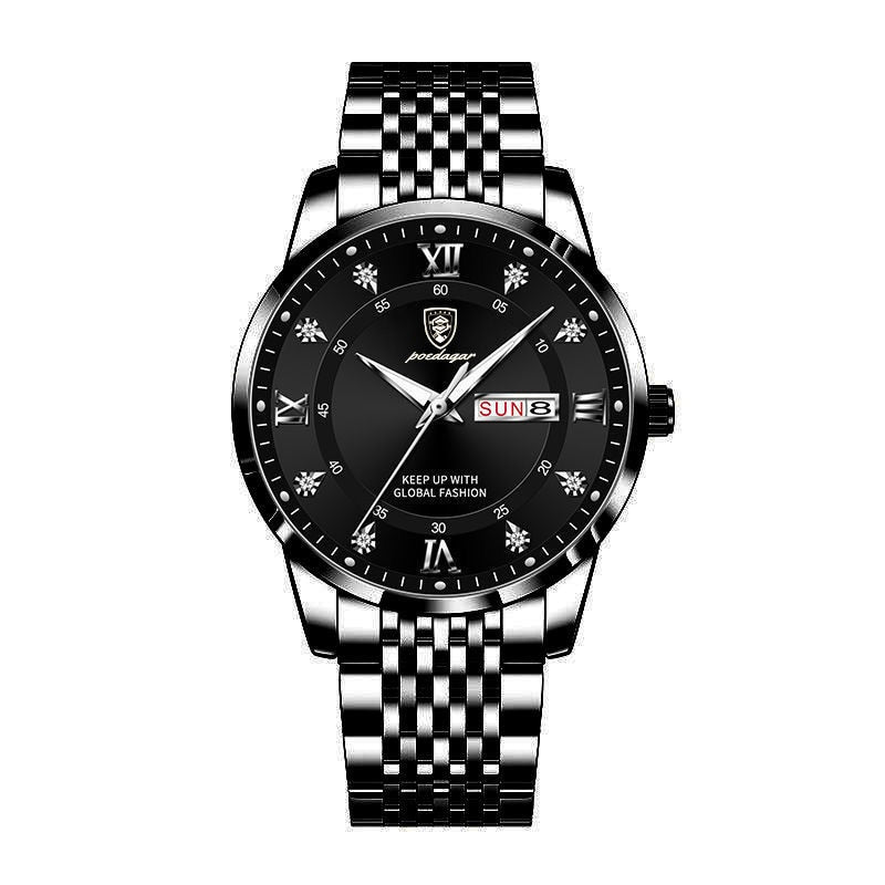 Elegant herreklokke i rustfritt stål med polert finish, kvarts armbåndsur, vanntett.