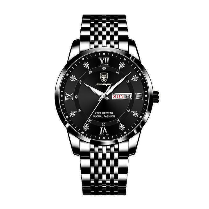 Elegant herreklokke i rustfritt stål med polert finish, kvarts armbåndsur, vanntett.