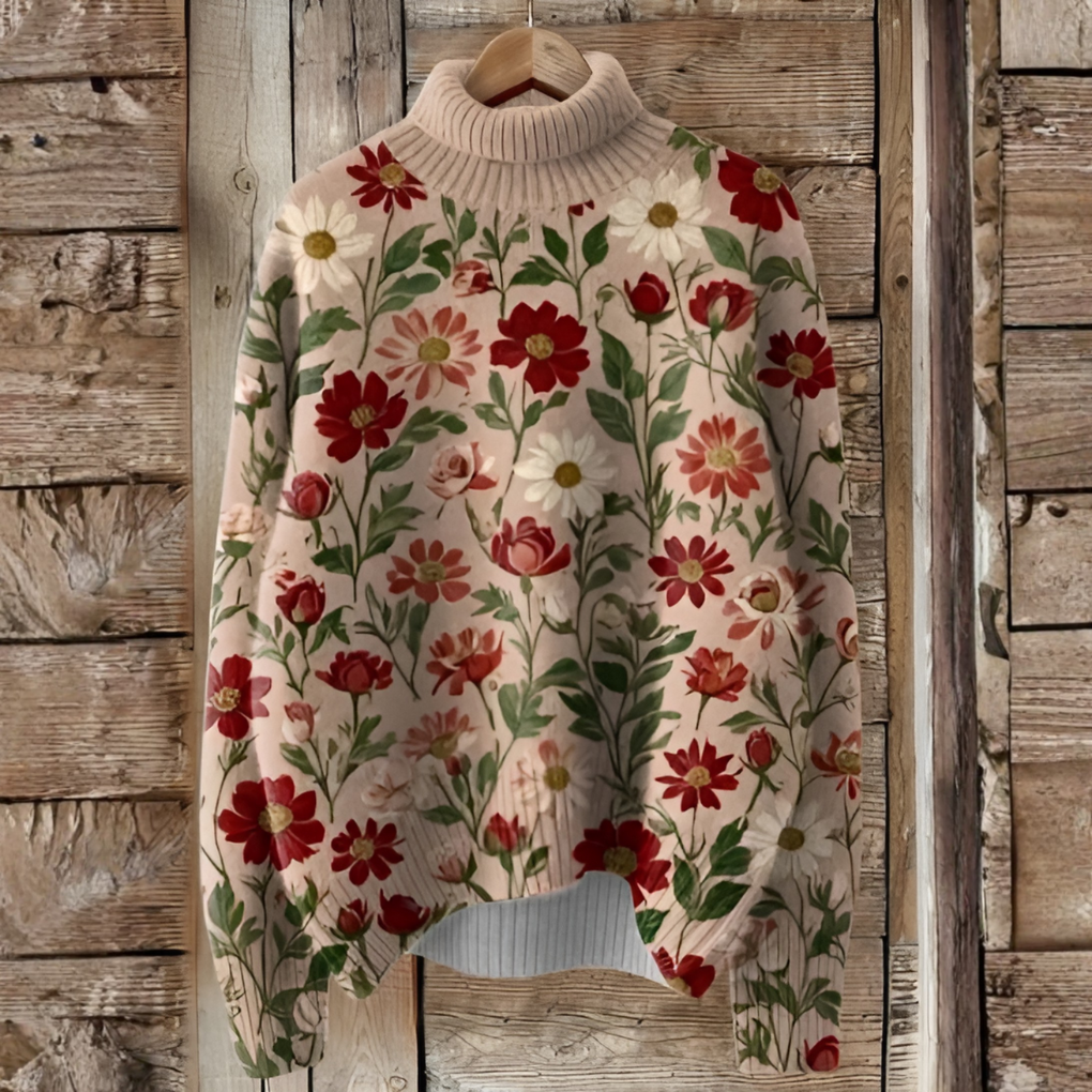 Unisex vintage julegenser med flerfarget kunsttrykk og høy hals i strikk. Festlig, komfortabel sesongmote.