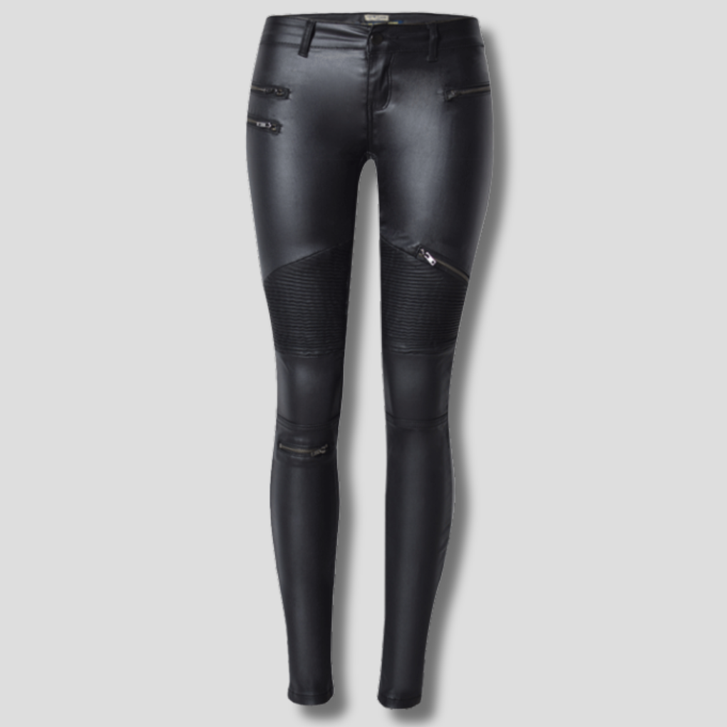 Svarte kvinners stretchy slim bukse i faux-lær. Elegant mid-waist PU-lær bukse for moderne komfort.