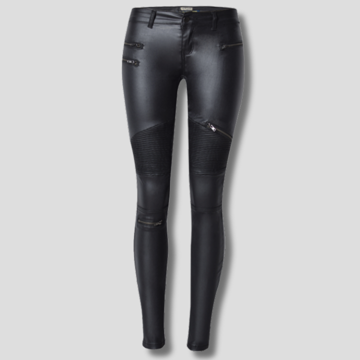 Svarte kvinners stretchy slim bukse i faux-lær. Elegant mid-waist PU-lær bukse for moderne komfort.