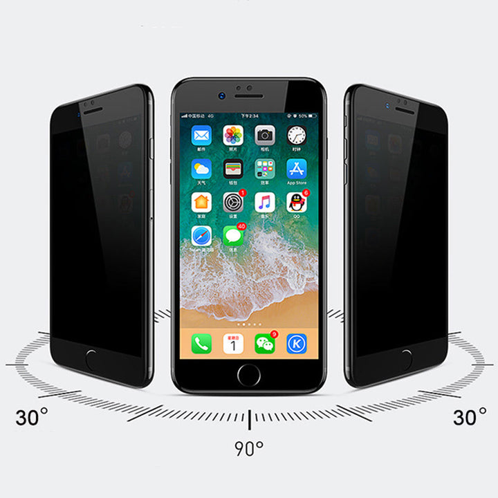 Nærbilde av iPhone skjermbeskytter i herdet glass, gir personvern og ripesikker beskyttelse.