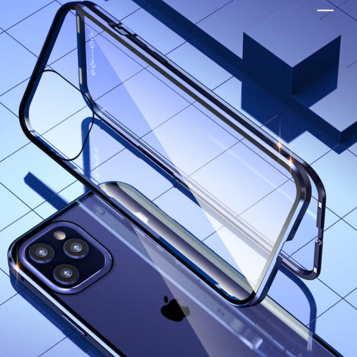 Elegant telefondeksel med herdet glass og magnetisk lukkemekanisme, unisex stil.