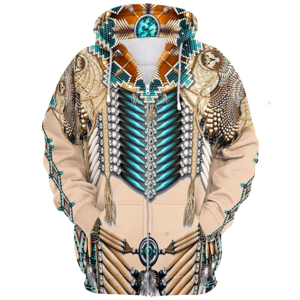 Mønstret unisex hettegenser med levende indianertrykk. Myk genser for store størrelser.
