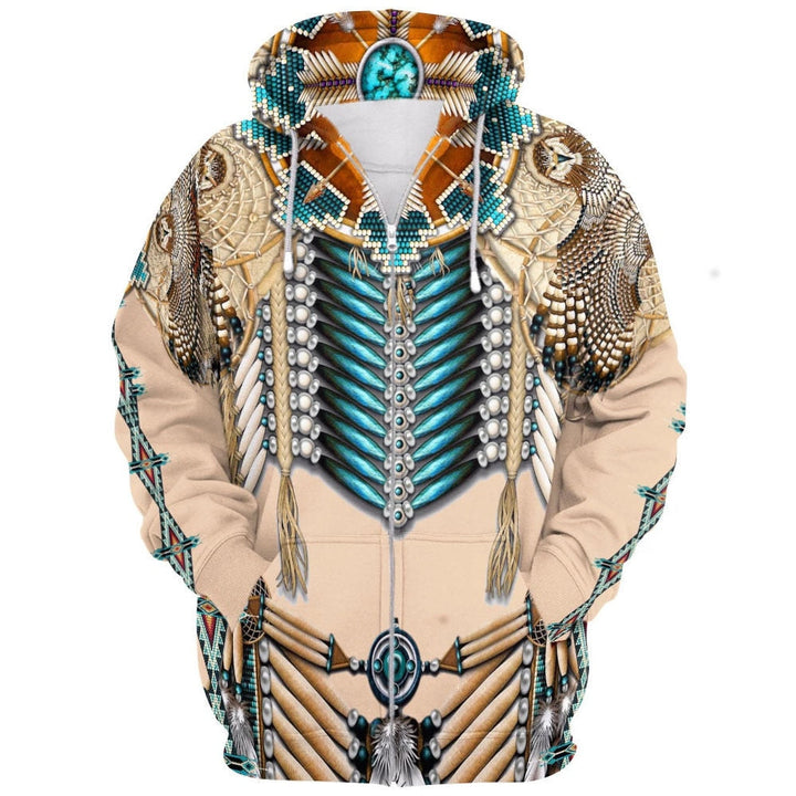 Mønstret unisex hettegenser med levende indianertrykk. Myk genser for store størrelser.