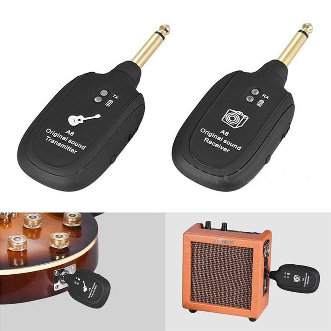 Gitarist bruker trådløst system på scene, sender i gitar, mottaker i forsterker for total bevegelsesfrihet.