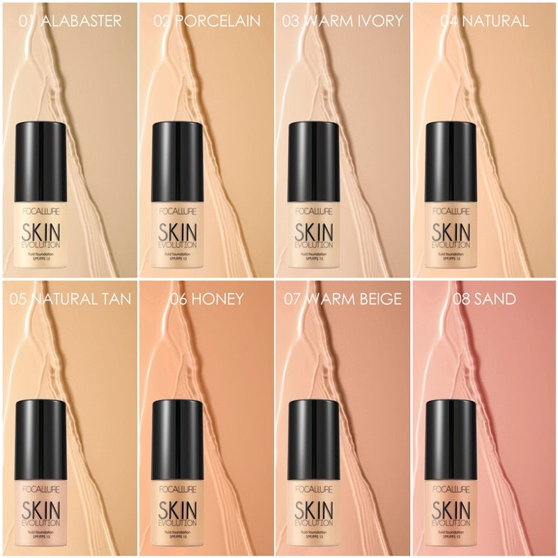 Dekkende flytende foundation med SPF 15 for ansiktet, perfekt for sensitiv hud.