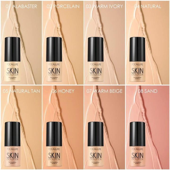 Dekkende flytende foundation med SPF 15 for ansiktet, perfekt for sensitiv hud.